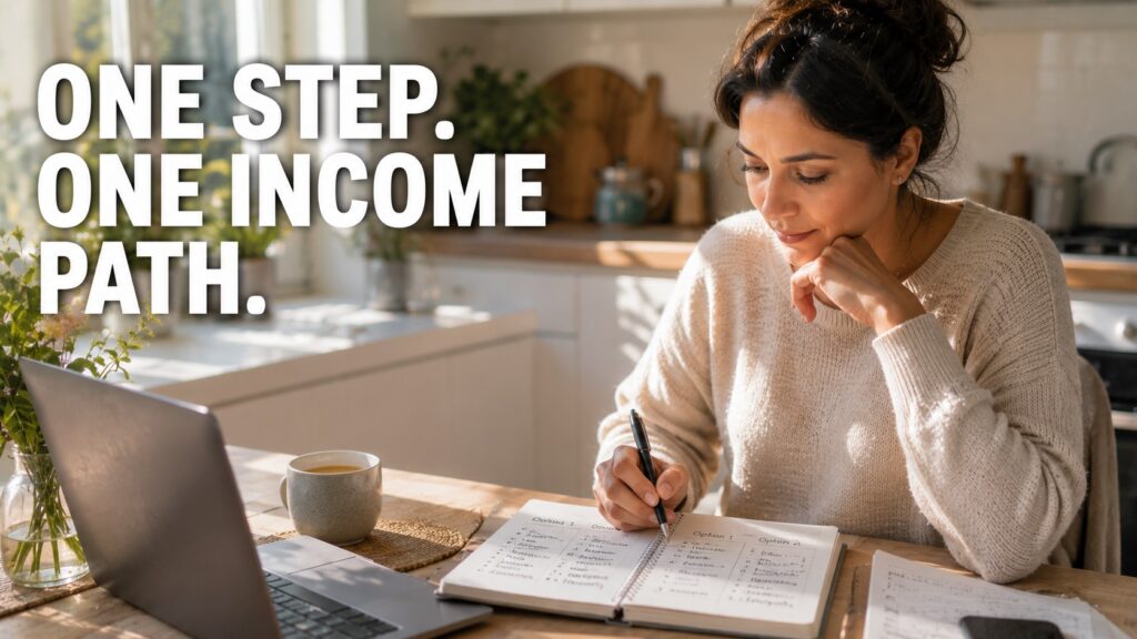 Woman planning her first online income path from home using a notebook and laptop.