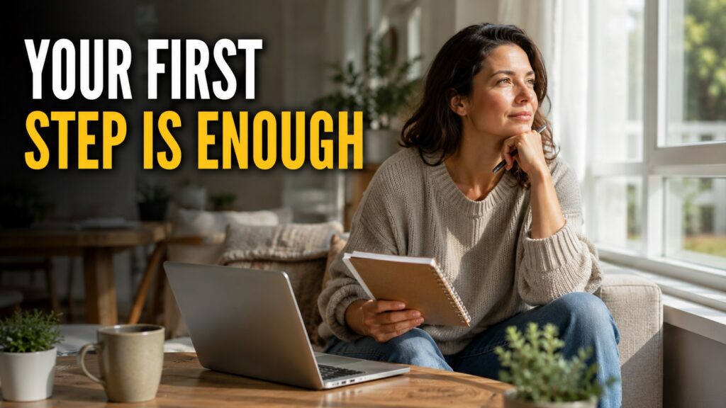Woman returning to work after a career break planning her first career restart step from home.