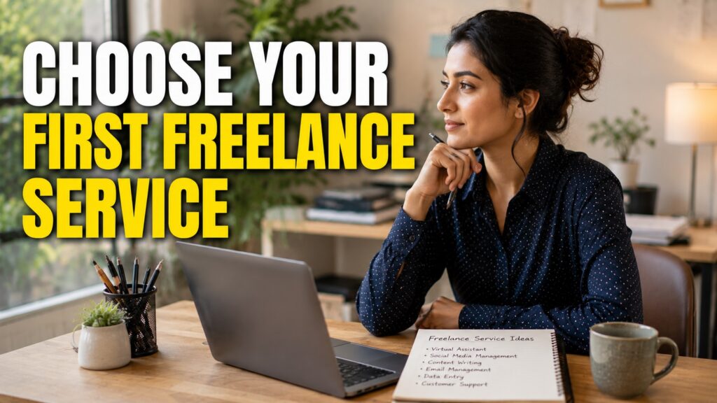 Woman planning her first freelance service while working from a bright and organized home office.