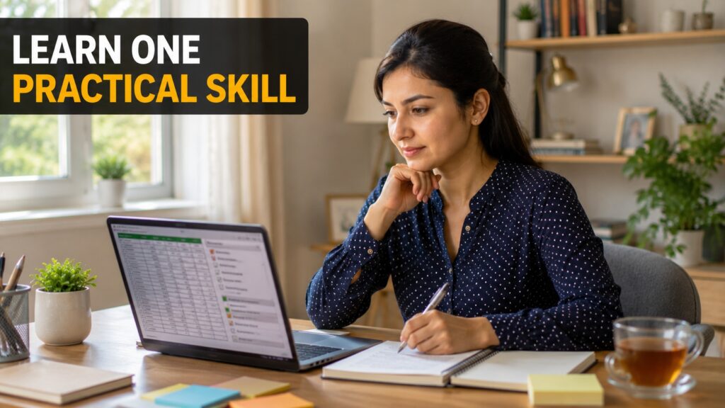 Woman learning a practical beginner digital skill on a laptop while preparing to return to work.