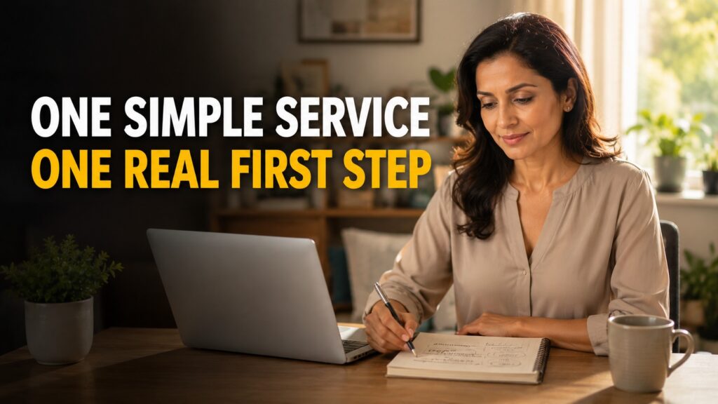 Woman planning one simple freelance service to earn her first income after a career break.