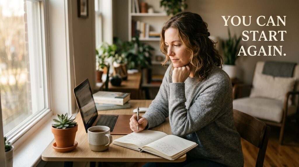 Woman planning her first online income step after a career break from home.
