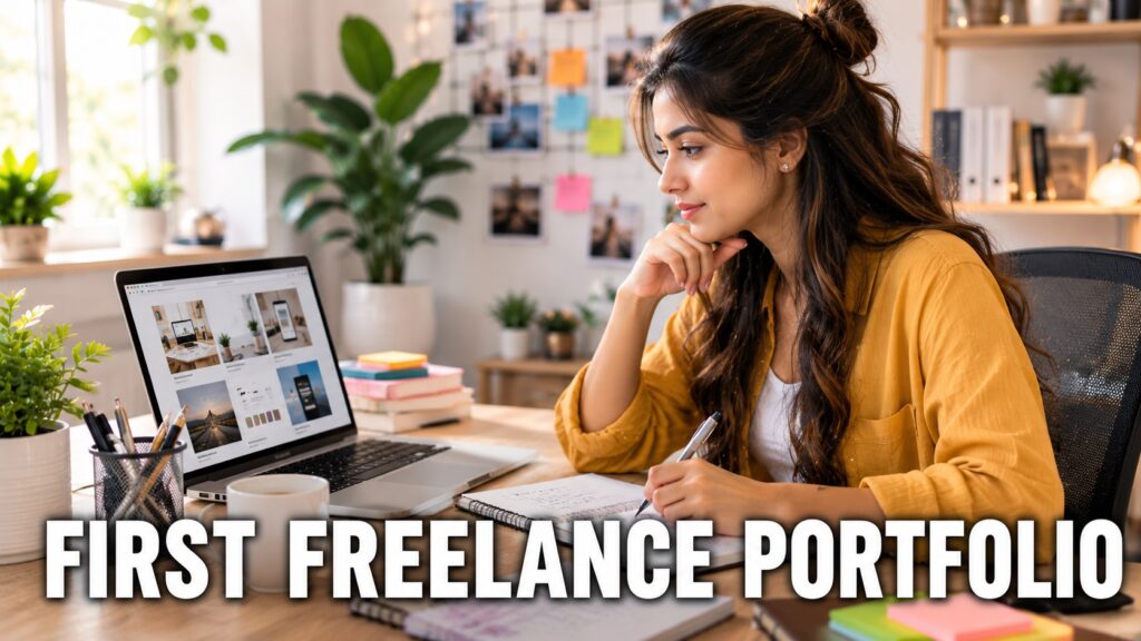 Beginner woman creating her first freelance portfolio from a bright home workspace.