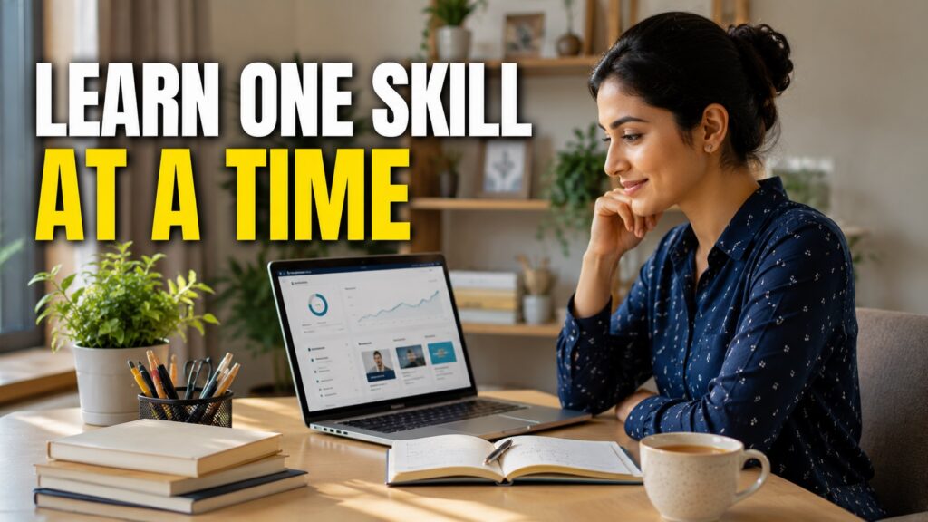 Woman confidently learning a practical digital skill from home using a laptop in a calm workspace.