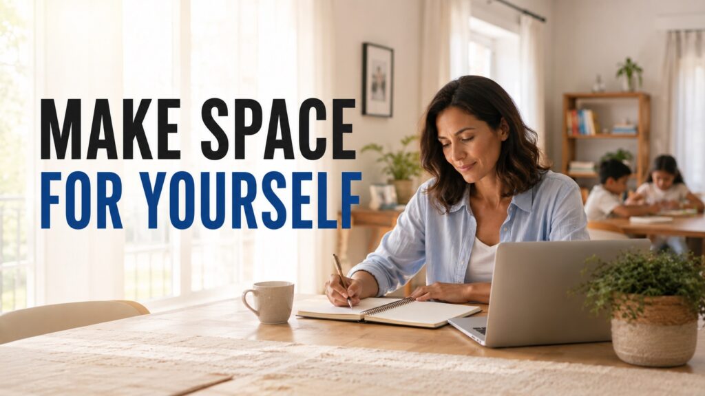 Woman rebuilding her confidence and planning her career restart while working from home at a bright kitchen table.