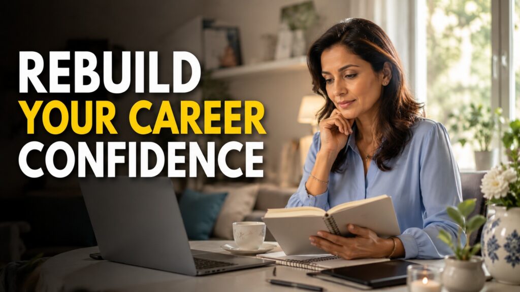 Woman rebuilding confidence while preparing to return to work after a career break from her home workspace.