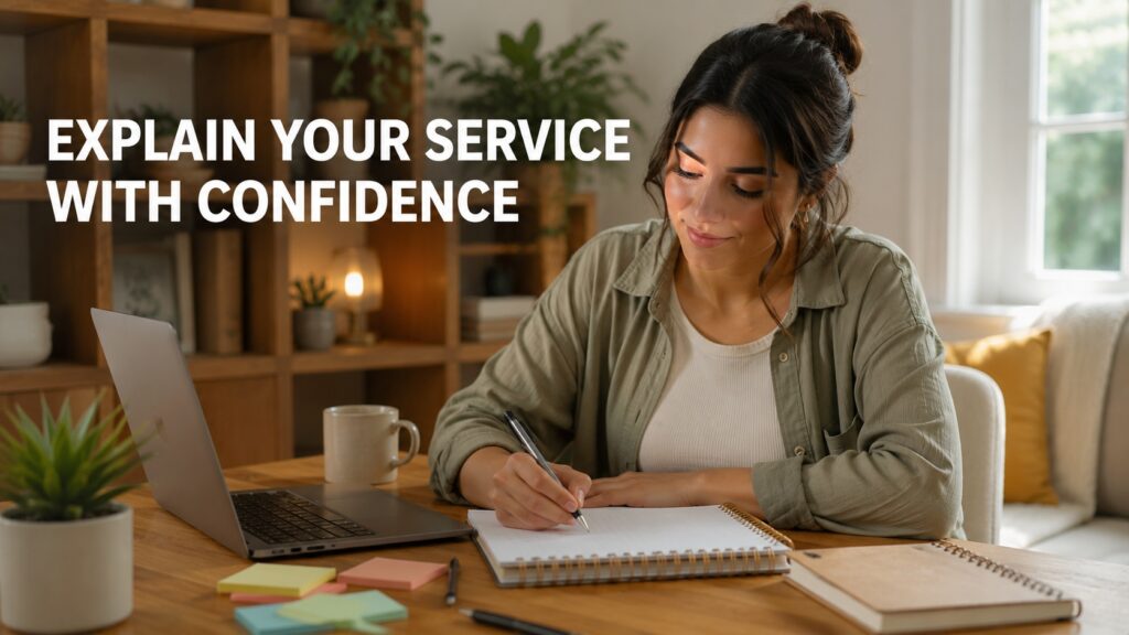 Beginner freelancer writing a clear service description at an organized home workspace.